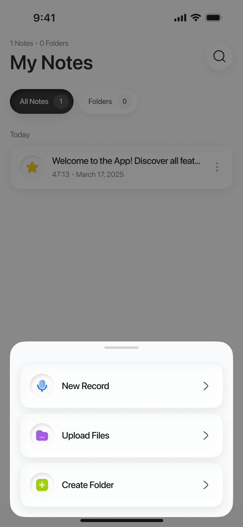 Limemo on iPhone: the add-note sheet over My Notes, offering New Record, Upload Files or Create Folder