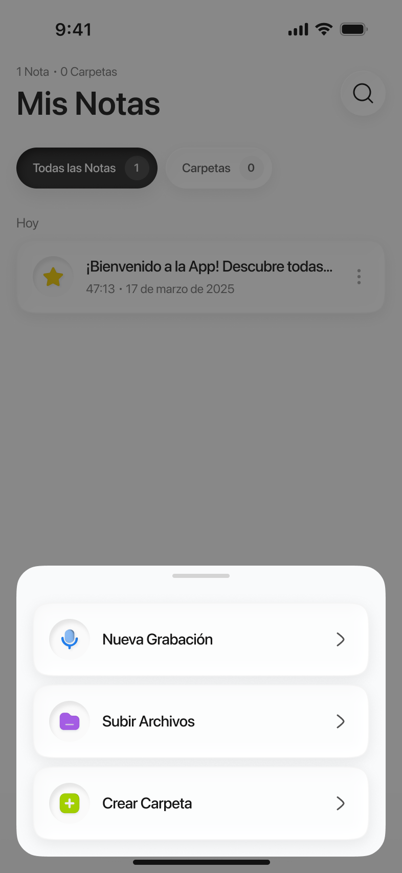 Limemo en el iPhone: el menú de nota nueva sobre «Mis Notas», con Nueva Grabación, Subir Archivos y Crear Carpeta