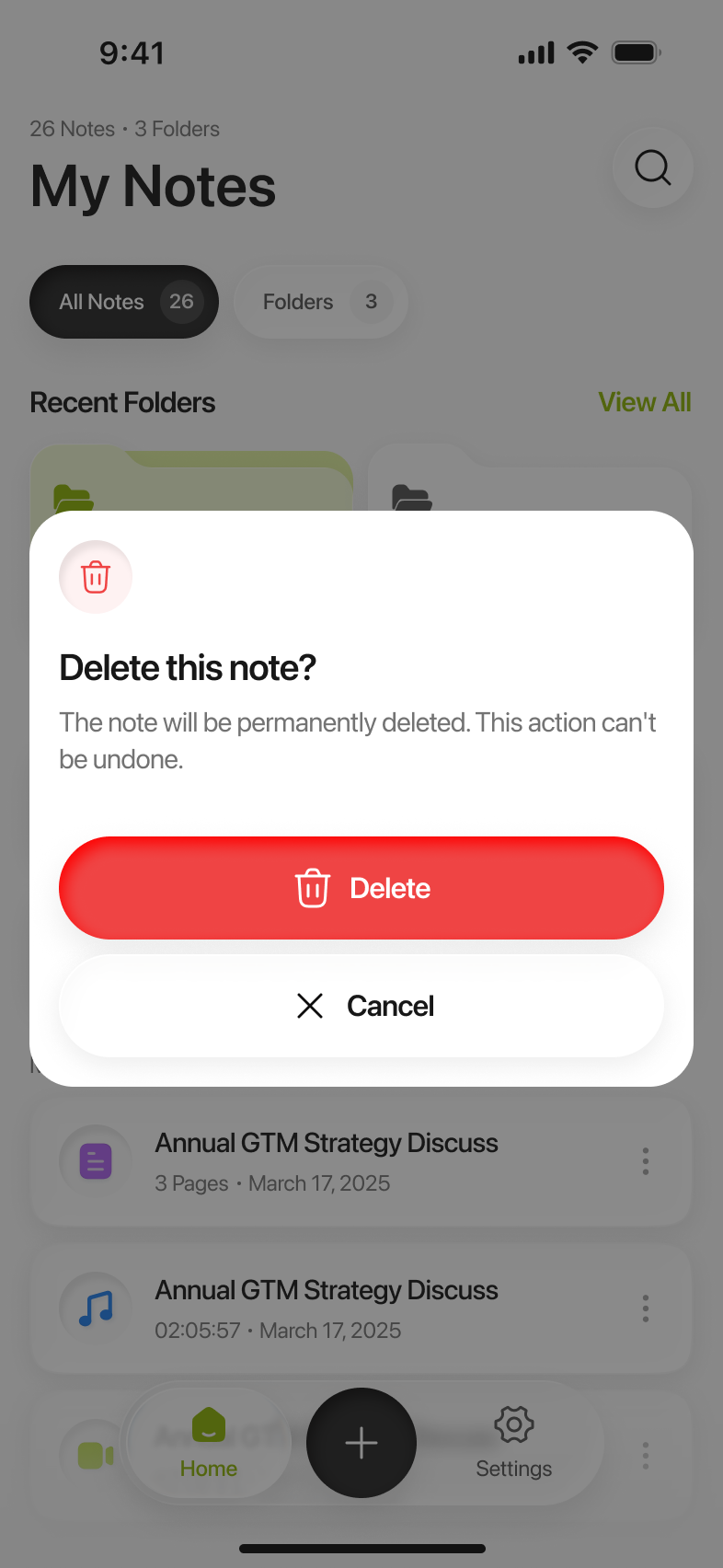 Limemo on iPhone: the Delete this note? confirmation over the note list, warning that the action cannot be undone