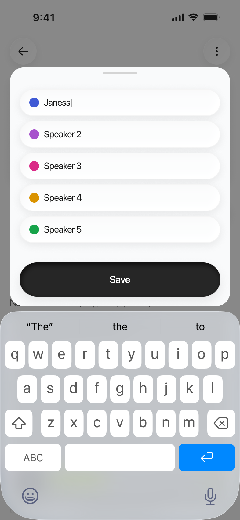 Limemo on iPhone: the Edit Speakers sheet with one name typed in and Speaker 2 to Speaker 5 below it, each with its own color