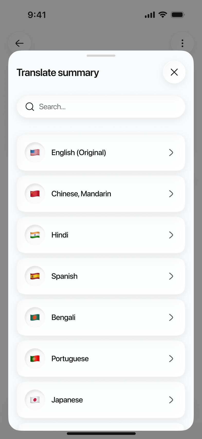 Limemo on iPhone: the Translate summary picker with English (Original) at the top of a searchable language list