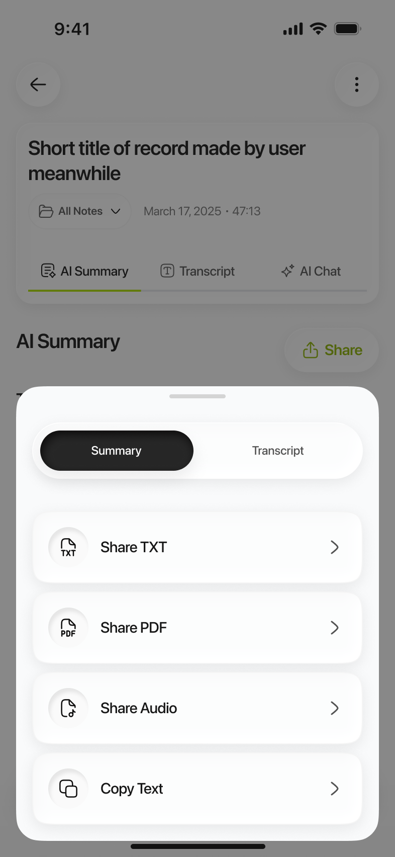 Limemo on iPhone: the export sheet with a Summary and Transcript switch above Share TXT, Share PDF, Share Audio and Copy Text