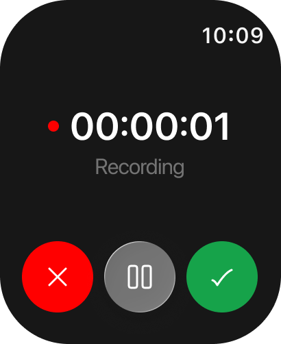 Limemo on Apple Watch: the recording screen counting up from zero, with cancel, pause and finish below it