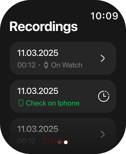 Limemo on Apple Watch: the Recordings list, one row reading On Watch, one Check on Iphone in green, one Failed in red