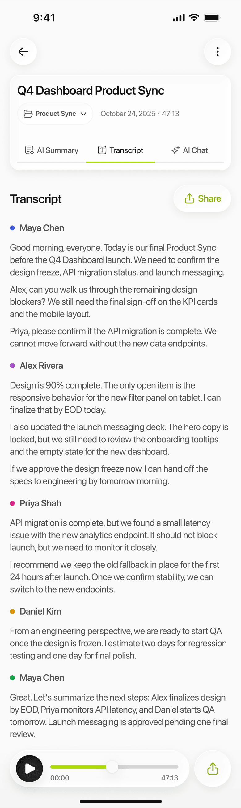 Limemo on iPhone: an interview transcript with a color-coded label for each speaker