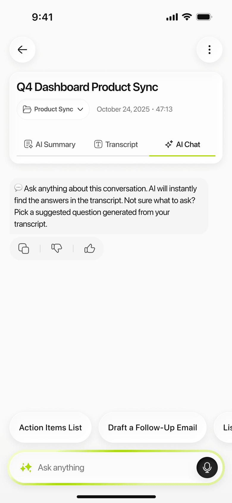 Limemo on iPhone: a summary of a recording, with a chat about it underneath