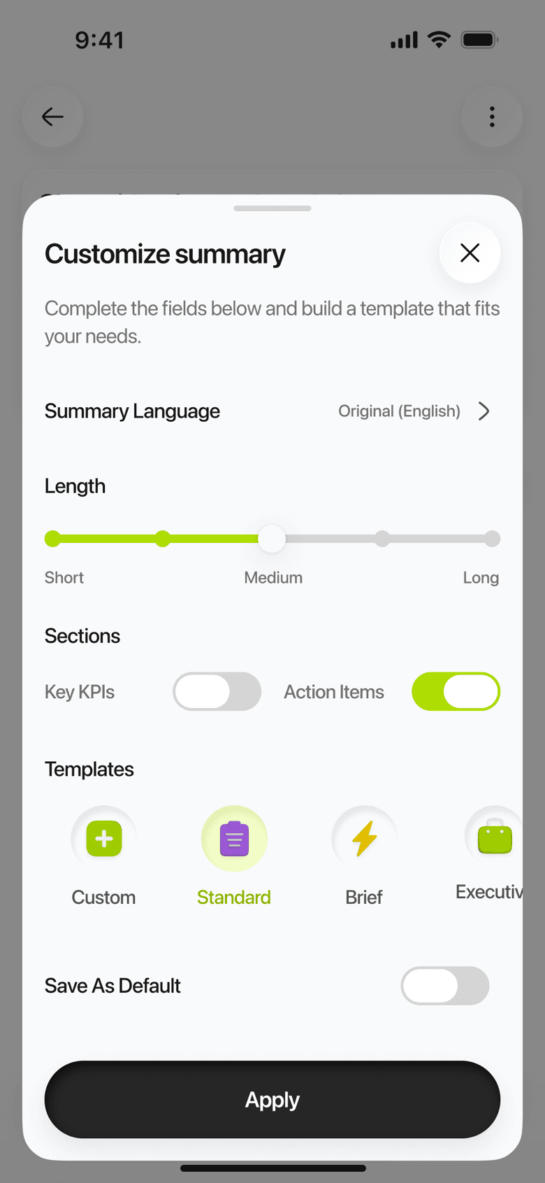 Limemo on iPhone: Customize summary with a length slider, section switches and the template row