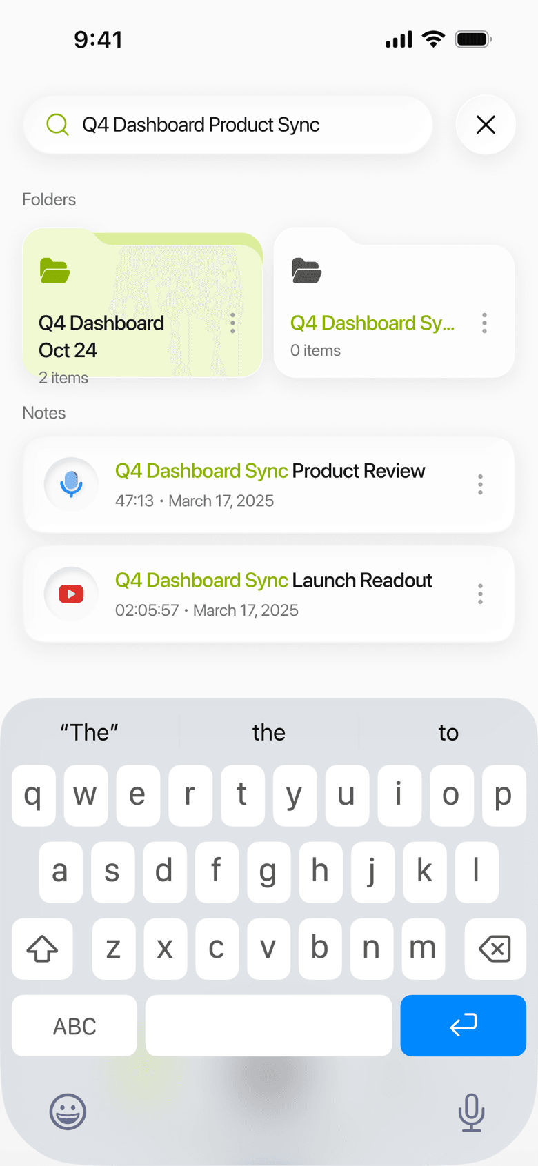 Limemo on iPhone: notes gathered into folders, with a search across them