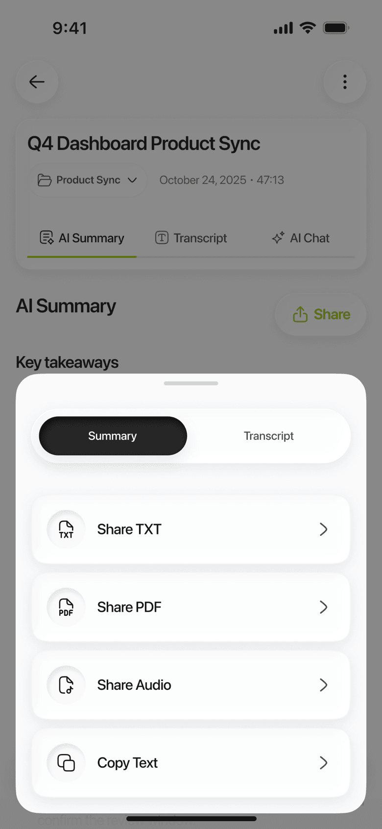 Limemo on iPhone: the export sheet switched to Summary, offering TXT, PDF, audio and copy