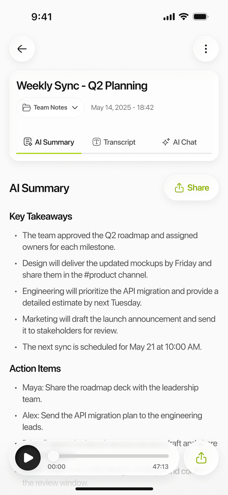Limemo on iPhone: a meeting summary listing key takeaways and the action items each person owns