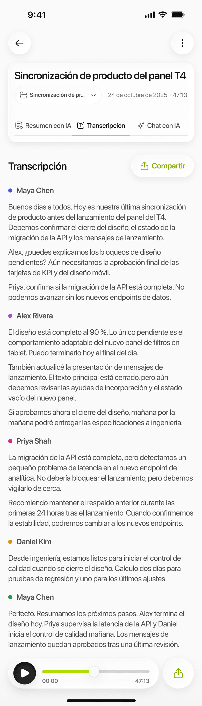 Limemo en el iPhone: la transcripción de una conversación separada por hablante