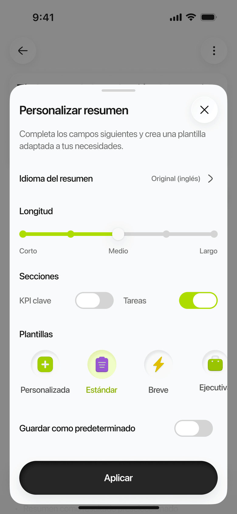 Limemo en el iPhone: la pantalla para elegir idioma, longitud y plantilla del resumen