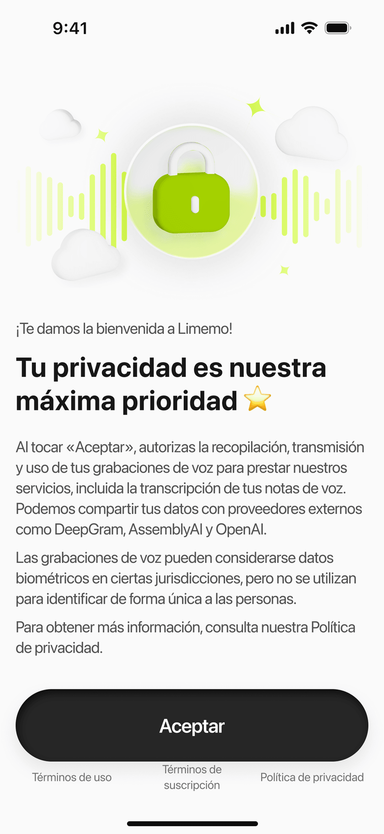 Limemo en el iPhone: la pantalla de privacidad que explica qué pasa con tus grabaciones